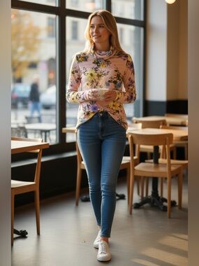 Floral Cowl Neck Pink Women's Sweater